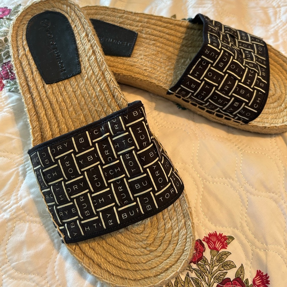 Tory Burch Black and Tan Espadrille Shoes with Woven Sole